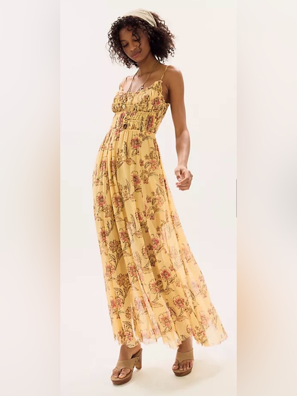 Free People Yellow Floral Smocked Maxi with Pink Blooms